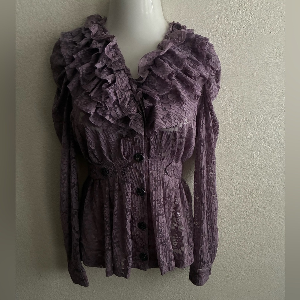 Vintage  Ruffled Lace Boho Whimsigoth Victorian Blouse Top Lavender